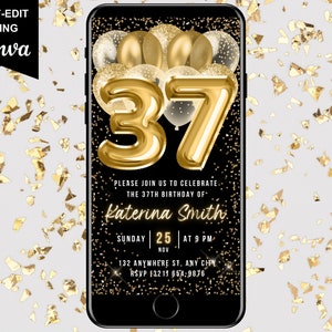 37th Birthday Digital Invitation, Electronic Birthday Party Invite, Black Gold, Mobile Text Evite, Editable Animated 37th Virtual Invite