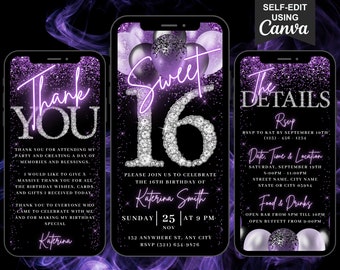 Sweet 16th Birthday Digital Invitation, Electronic 16 Birthday Party Invite, Purple Silver Font Evite, Editable Itinerary & Thank You eCard