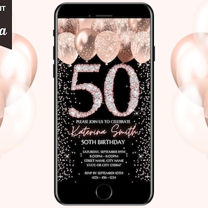 50th Birthday Digital Invitation, Electronic 50th Birthday Party Invite, Rose Gold Diamonds, Text Evite, Instant Download, Editable Template