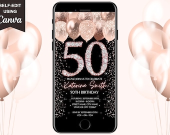 Invitación digital para 50 cumpleaños, invitación electrónica para fiesta de 50 cumpleaños, diamantes de oro rosa, texto de Evite, descarga instantánea, plantilla editable