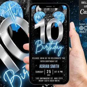 Faire-part numérique 10e anniversaire pour garçons, 10e anniversaire pour filles, carte virtuelle animée Evite bleu néon 10 ans auto-modifiable