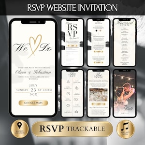 May include: A digital wedding invitation displayed on multiple smartphones. The main screen reads "We Do" with the couple's names and wedding details. Other screens show RSVP, event details, guest list, and venue information. The design is elegant with gold accents.