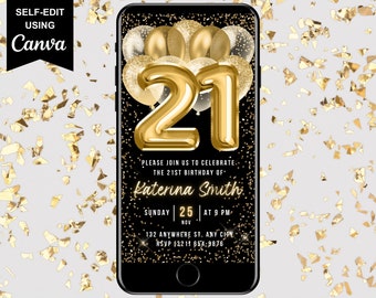 Digital inbjudan till 21-årsdag, elektronisk födelsedagsfestinbjudan, svart guld, mobil text Evite, redigerbar animerad mall för 21-årsinbjudan