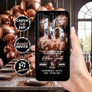 Digital 16th Birthday Invitation, Animated Sweet Sixteen Party Invite, Rose Gold Balloon Diamond Girls Evite, Self Editable Template eCard