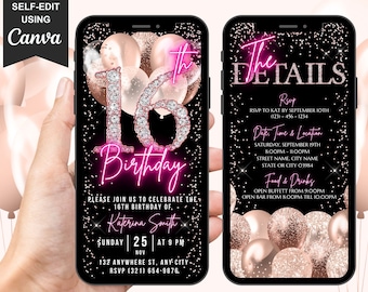 Digital Sweet 16 Birthday Invitation, Animated 16th Party Invite, Cute Rose Gold Diamonds Neon Pink Font Evite, Editable Itinerary eCard