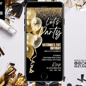 Editable Birthday Party Digital Invitation, Text Electronic Black & Gold Any Age Evite, Dinner Party Digital Invite, Mobile Phone Invitation
