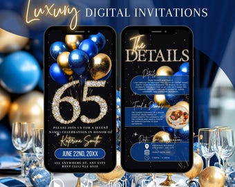 Digital Blue Gold 65th Birthday Invitation, Animated Surprise Invite, Diamond Brunch Evite, Dinner Party Editable Template Ecard For Women