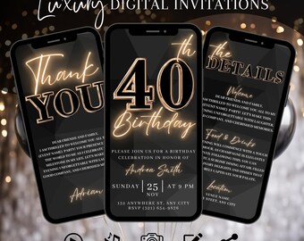 40th Birthday Party Invitation, Digital Black Gold Dinner Invite For Men, Black Tie Video Evite For Him, Self Edit Itinerary Template eCard
