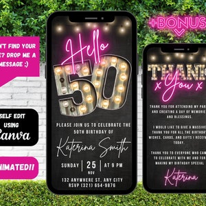 Digital Hello Fifty 50th Birthday Invitation, Electronic Birthday Party Invite, Marquee Pink Neon, Editable Template, Instant Download