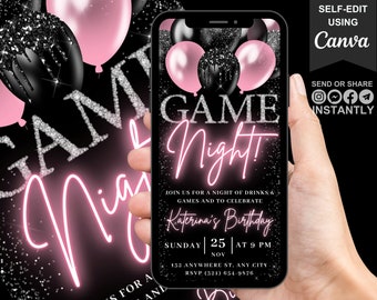 Digital Game Night Birthday Invitation, Animated Womens Phone Text Message Email Evite, Blush Pink Invite For Her, Editable Template Ecard