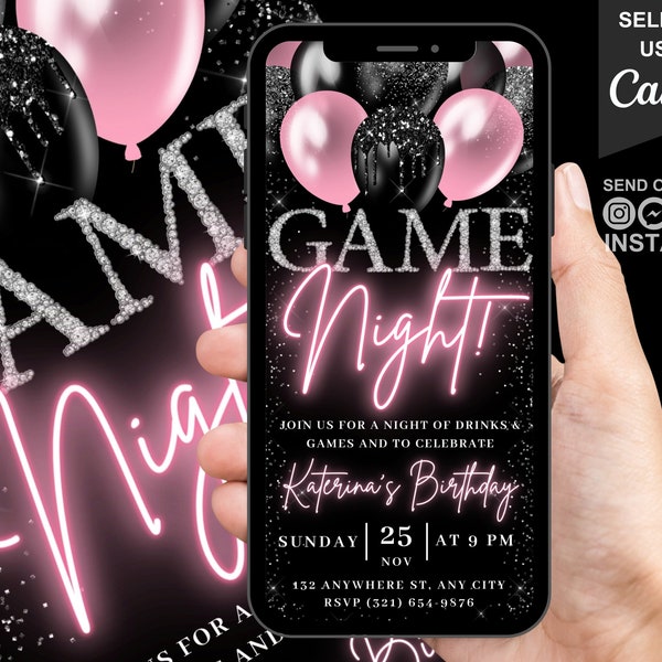 Digital Game Night Birthday Invitation, Animated Womens Phone Text Message Email Evite, Blush Pink Invite For Her, Editable Template Ecard