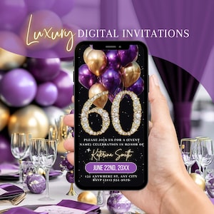 Digital 60th Birthday Invitation, Animated Purple Gold Surprise Invite, Diamond Brunch Evite, Dinner Party Editable Template Ecard For Women