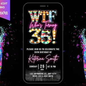 May include: A digital invitation for a 35th birthday party. The invitation features a neon sign with the text "WTF Who's Turning 35!" and a colorful background. The invitation also includes the name "Katerina Smith", the date "Sunday, November 25th", the time "9 PM", and the address "132 Anywhere St., Any City".