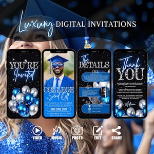 Invito di congedo per college blu digitale, invito per festa di laurea, invito per foto di scuola superiore per uomini, modello di foto di addio eCard