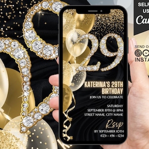 Digital 29th Birthday Invitation, Video 29th Party Invite For Women, Black Gold Phone Text Balloon Evite For Him, Self Editable Template