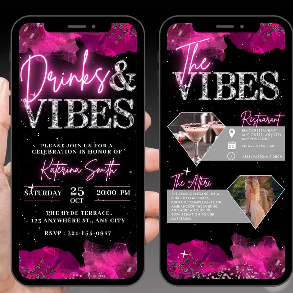 Digital Drinks And Vibes Invitation, Animated Hot Pink Ladies Night Out Invite, Girls Birthday Dinner Evite, Self Editable Itinerary eCard