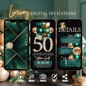 Faire-part 50e anniversaire en or vert, enveloppe numérique d'invitation animée, e-carte pour brunch losanges, modèle modifiable de dîner pour femme