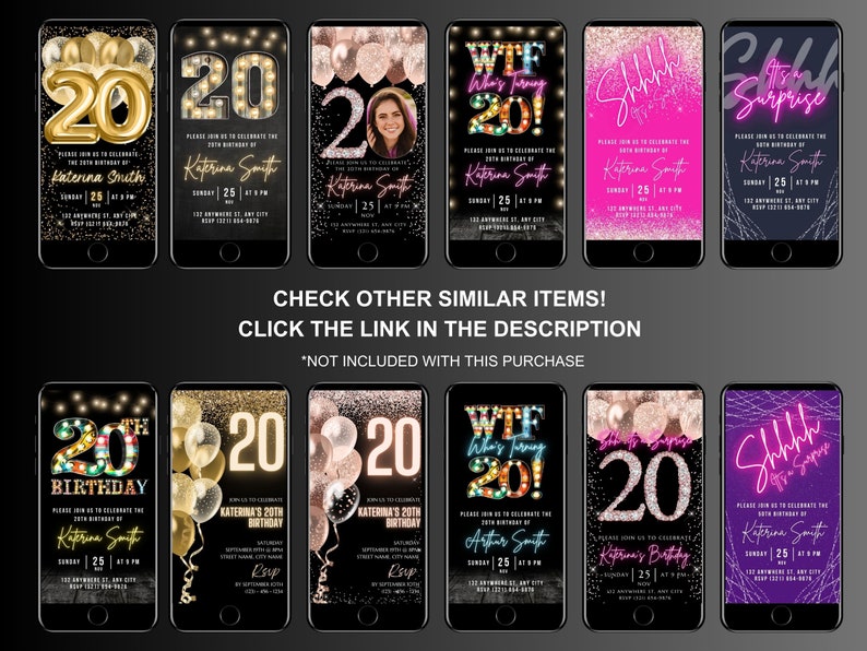 May include: Set of 10 digital phone invitation templates for a 20th birthday party. The templates feature a variety of designs with gold, black, and pink glitter, balloons, and neon lights. The text on the invitations reads "20th Birthday", "WTF", "Shhh", and "Surprise".