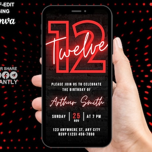 May include: A digital birthday invitation featuring a red neon number 12 with the word "Twelve" in a handwritten font. The invitation is for Arthur Smith's 12th birthday party on Sunday, 25th November at 7 PM. The invitation includes the address 123 Anywhere St., Any City and the RSVP number (123) 456-7890.