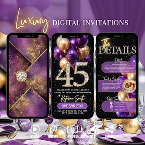 Purple Gold 45th Birthday Invitation, Digital Envelope Animated Invite, Diamond Brunch Evite, Dinner Party Editable Template Ecard For Women