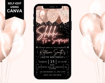Shhh It's A Surprise Invite, 60th Birthday Digital Invitation, Anniversary Surprise Party Invite, Editable Text Message Mobile Phone Evite