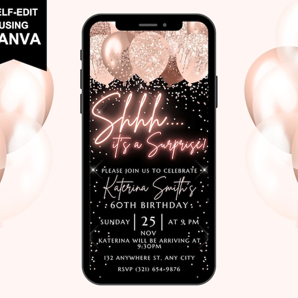 Shhh It's A Surprise Invite, 60th Birthday Digital Invitation, Anniversary Surprise Party Invite, Editable Text Message Mobile Phone Evite