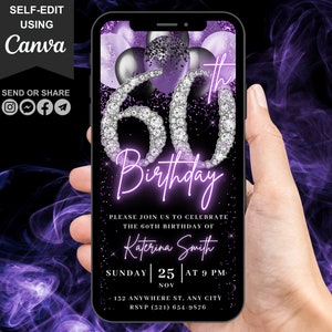 Digital 60th Birthday Invitation, Video 60th Purple Silver Invite For Women, Lavender Balloon Diamond Sixty Evite Her, Self Editable eCard