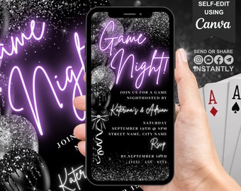 May include: A black and silver glitter phone background with a purple neon sign that says "Game Night!"  The text below the sign says "Join us for a game night hosted by Katerina's & Adrian" and includes the date, time, and RSVP information.