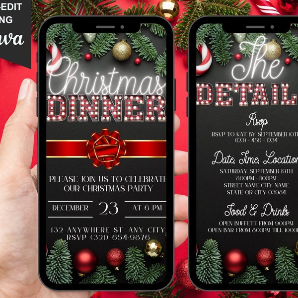 Digital Christmas Dinner Invitation, Party Phone Text Message Evite, Marquee White Neon Font Xmas Holiday Invite, Editable Itinerary eCard