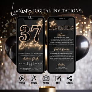 37th Birthday Party Invitation, Digital Black Gold Dinner Invite For Men, Black Tie Video Evite For Him, Self Editable DIY Itinerary eCard