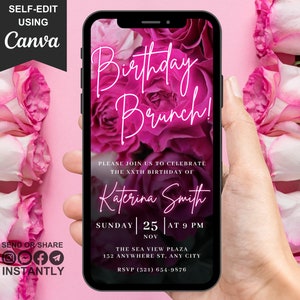 Invito digitale per festa di compleanno brunch, invito digitale con messaggio telefonico floreale rosa per lei, invito animato per qualsiasi età, ecard auto-modificabile