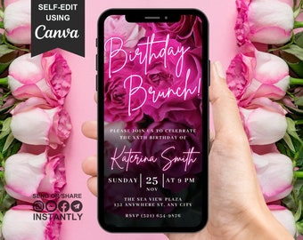 Digital Birthday Brunch Party Invitation, Digital Pink Floral Phone Message Evite For Her, Animated Invite For Any Age, Self Editable Ecard
