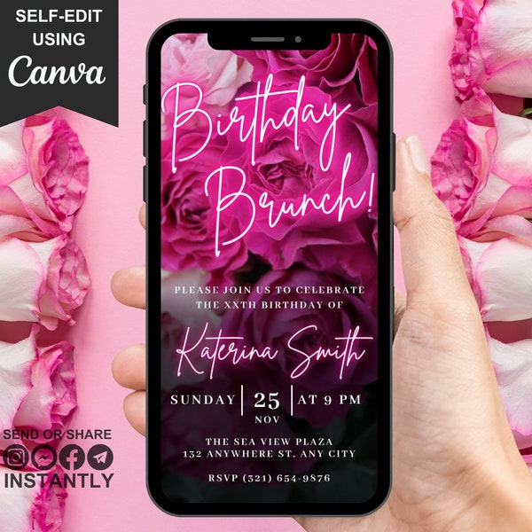 Digital Birthday Brunch Party Invitation, Digital Pink Floral Phone Message Evite For Her, Animated Invite For Any Age, Self Editable Ecard