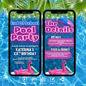 Digital End Of School Pool Party Invitation. Pink Girls Tropical Summer Invite, Birthday Evite, Video eCard, Slumber DIY Editable Template