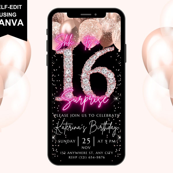 Digital Surprise 16th Birthday Invitation, Girls Animated Sweet Sixteen Party Invite, Rose Gold Diamonds Evite, Self Editable Template eCard