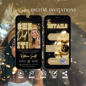 Gold Graduation She Did It Invitation, Digital Animated Grad Announcement Invite, High School Picture Evite, QR Code Gift Template eCard