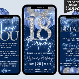 Digital 18th Birthday Invitation, Animated 18th Blue Silver Invite, Diamond Winter Wonderland Evite, Editable Itinerary & Thank You eCard