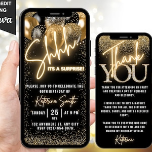 Convite Digital Surpresa para 60º Aniversário, Convite Dourado Animado "Shh Its A Surprise", Convite de Aniversário para Mulheres com Sessenta Anos, Cartão Eletrônico de Agradecimento Autoeditável