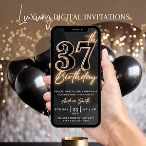 Digital 37th Birthday Party Invitation, Animated Black Gold Dinner Invite For Women, Brunch Evite For Her, Self Editable DIY Template eCard