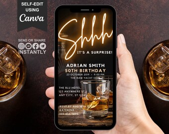Invitación de 50 cumpleaños para hombres, invitación digital sorpresa para hombres, tema de whisky para hombres de Evite, plantilla autoeditable para barbacoa en el patio.