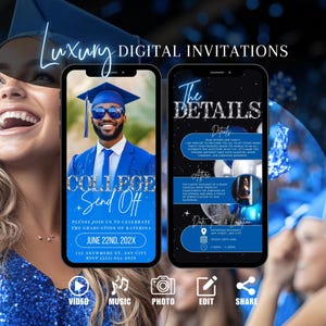 Invito digitale per la festa di laurea, invito per la festa del baule blu, invito per foto del liceo per uomini, modello di foto di addio eCard