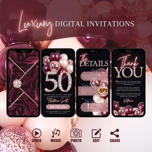 May include: Digital invitation design with a burgundy and gold theme. The invitation features four smartphone screens displaying event details, including a "50" graphic, event details, and a thank you message. The words "Luxury Digital Invitations" are at the top.