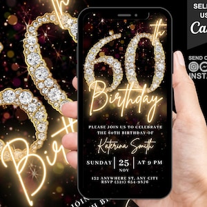 Digitale Video-Einladung zur 60. Geburtstagsfeier, 60. Glam Invite Ecard für Sie, animierte Schwarzgold-Silber-Diamant-Evite, bearbeitbare Vorlage