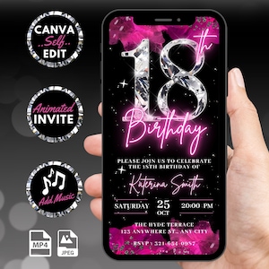 Digital 18th Birthday Invitation, Animated Hot Pink Womens 18 Glam Diamond Invite For Her, Luxury Evite, Self Editable Custom Template eCard