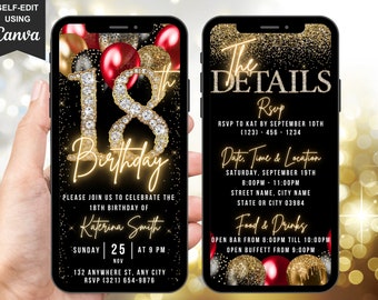 Invito digitale per il 18° compleanno, invito animato per la festa in nero, oro e rosso, invito video a sorpresa con diamanti modificabile e cartolina elettronica con l'itinerario.