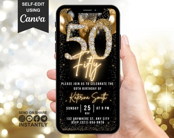 Digital 50th Birthday Invitation, Animated Fifty Black Gold Party Invite For Him, BBQ Evite for Men, Custom Canva Editable Phone Text Evite