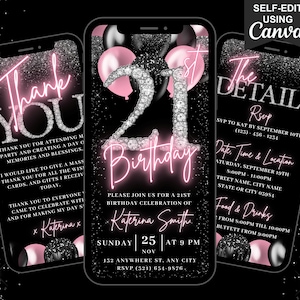 Invitación digital para 21 cumpleaños, invitación rosa ruborizada con 21 globos y diamantes, invitación animada para mujer, itinerario autoeditable y tarjeta electrónica de agradecimiento.