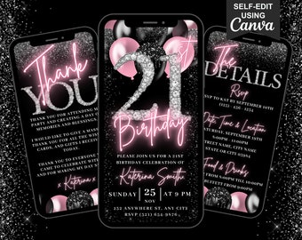 Editable 21st Birthday Invitation, Blush Pink Balloon Diamond Party Invite, Animated Evite for Women