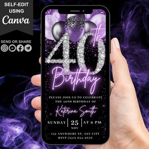Digital 40th Birthday Invitation, Video 40th Purple Silver Invite For Women, Lavender Balloon Diamond Forty Evite Her, Self Editable eCard