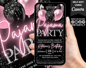 Digital Pajama Party Birthday Invitation, Animated PJs Fun Girls Night Invite, Blush Pink Bachelorette Party Evite, Self Editable eCard